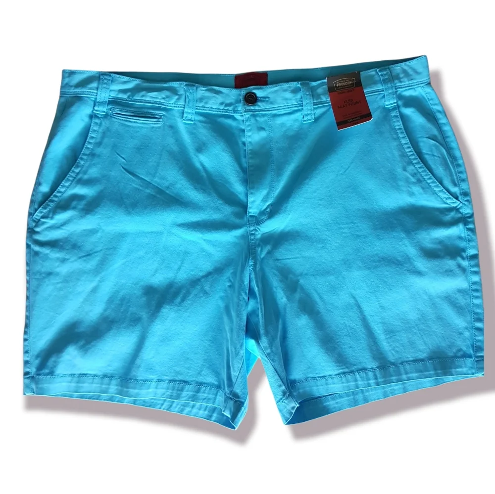 The Foundry Flex Flat Front Shorts blue 46 Waist 8 inch inseam chino golf resort